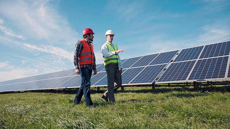 trabajadores con paneles solares